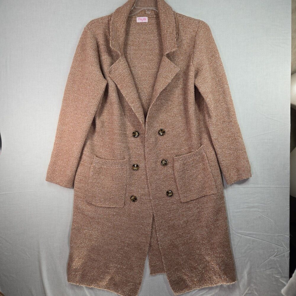 Pink Lily Long Cardigan Sweater Double Breasted Brown Soft Stretchy Women's Med